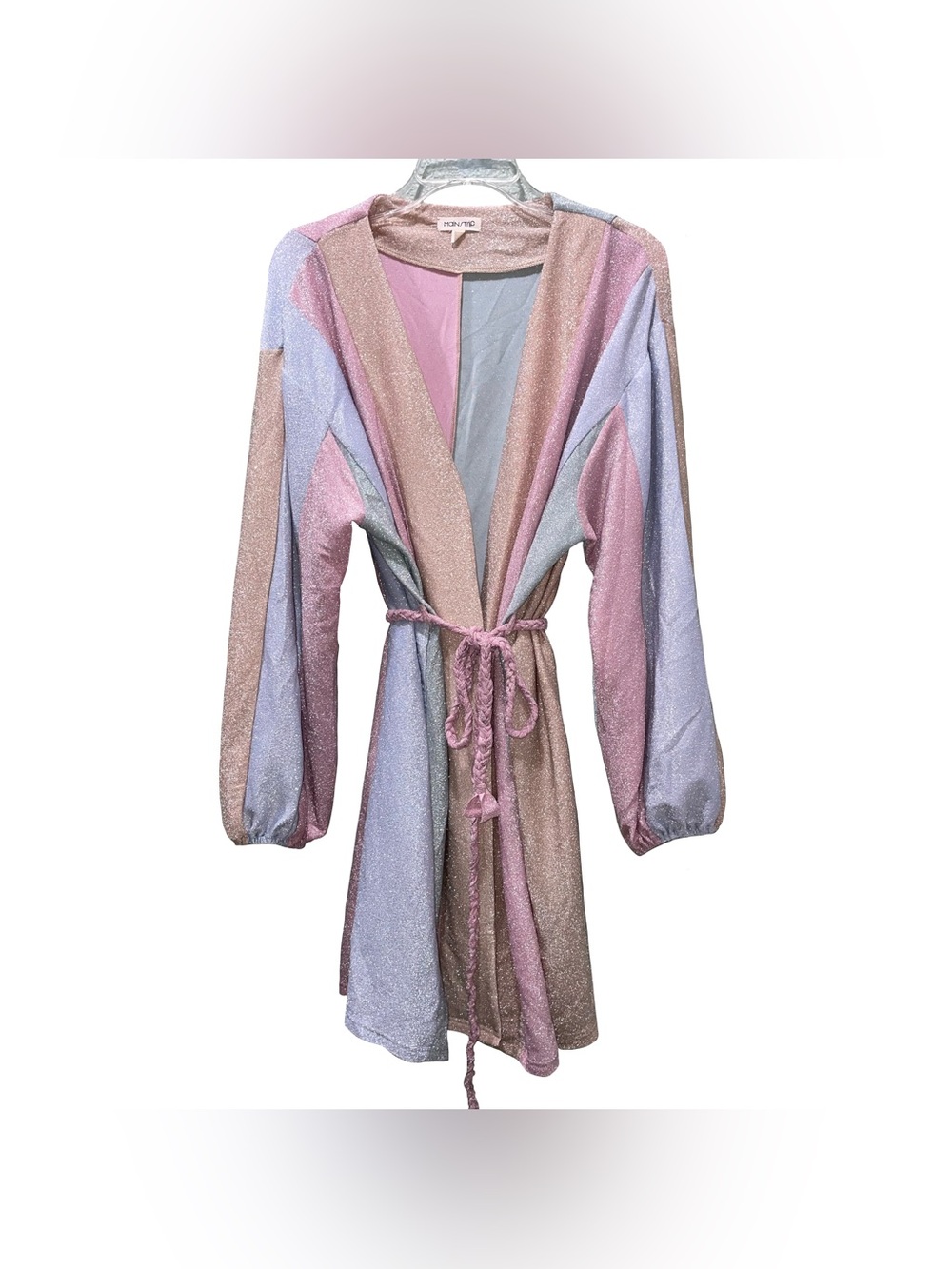 Mainstrip Glitter Silver Pastel Colorblock Robe Sz L Glam Luxury w/ Belt Lounge